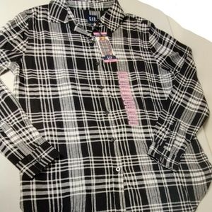 GAP Women's Soft Button Down Long Sleeve Boyfriend Flannel Shirt Black/white New